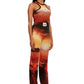 Woman who looks like Beyoncé or Aaliyah wears cosmic Mars sunset printed wide leg pant, side view 