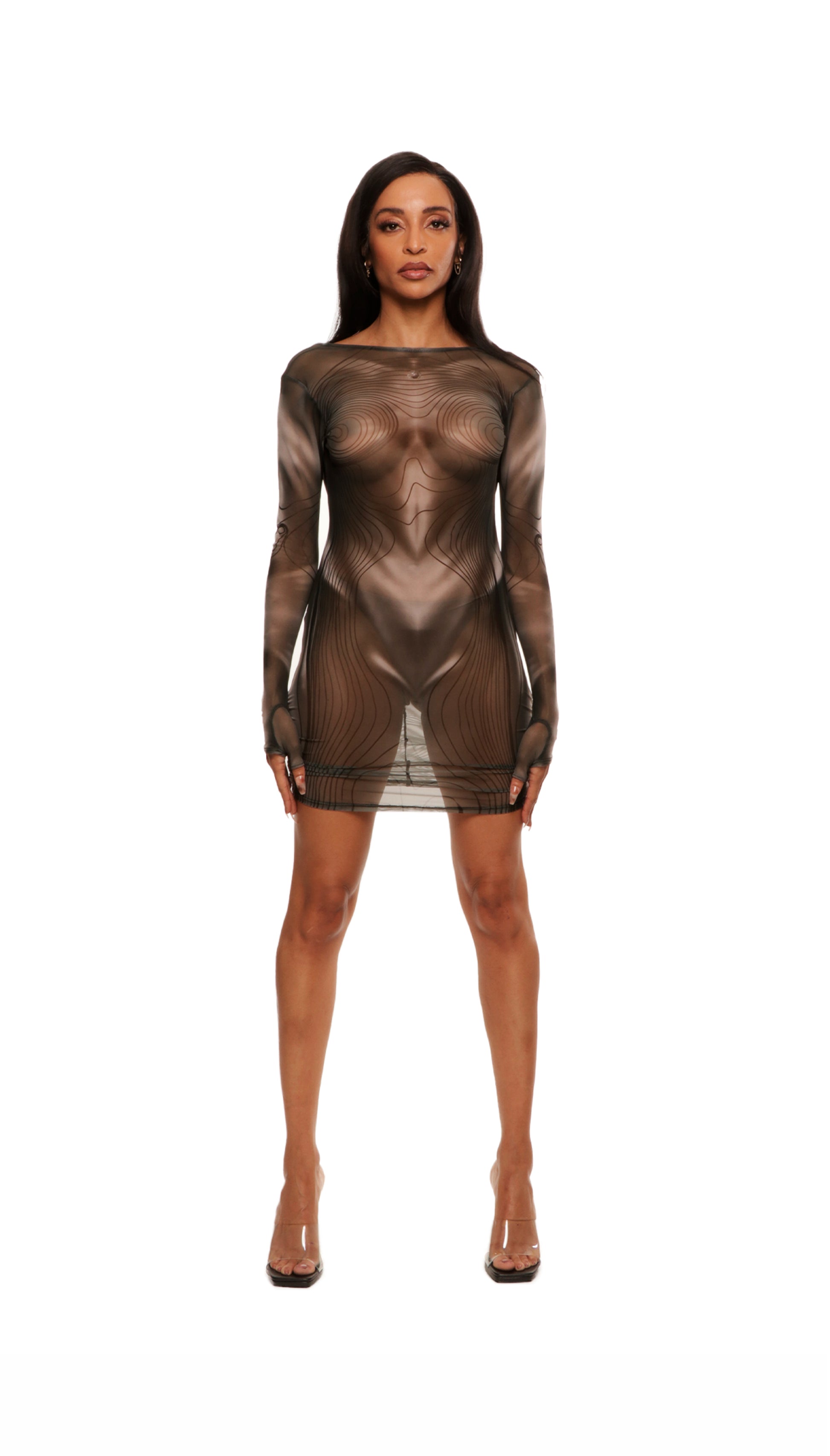 Woman who looks like Beyoncé or Aaliyah wears a grey or gray printed body contouring stretch mesh dress with gauntlet sleeves and open back detail with adjustable clear strap